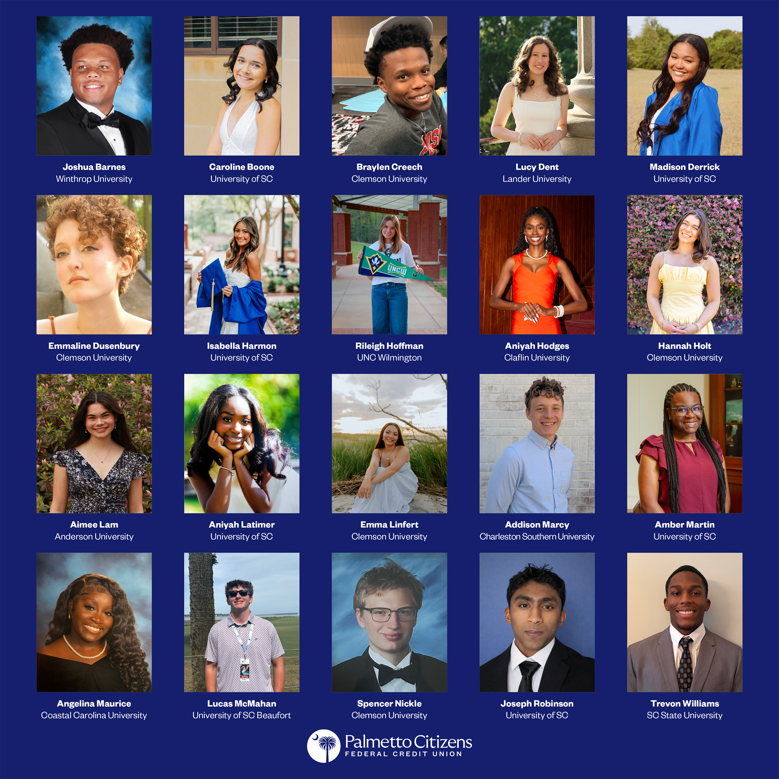 Collage of 2026 scholarship winners with names and universities, credit union logo.